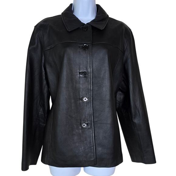 Vintage J.G. Hook Black Leather Jacket Button Up Lined Women's L - Picture 1 of 6